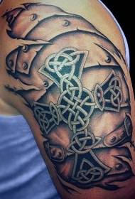 Big arm celtic style cross with medieval armor tattoo pattern