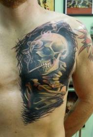 Chest color smoking skull tattoo pattern
