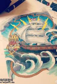 纹身秀图吧推荐一款彩色帆船纹身线稿图案