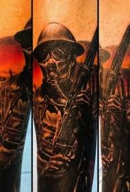 Arm brown soldier with gas mask tattoo pattern