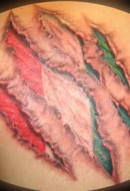 Shoulder color realistic torn leather Italian flag tattoo