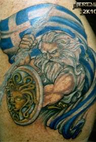 Kolor kreskówka Zeus z wzorem tatuażu błyskawicy i flagi