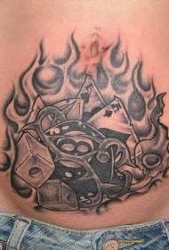 Abdominal black gray dice playing cards flame tattoo pattern