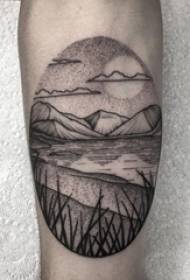 Brațul băiatului pe punct de schiță negru gri punct de ghimpe abilitate creativă imagine de tatuaj peisaj literar