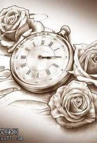 Manuscript black gray rose alarm clock tattoo pattern