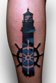 Leg color lighthouse with ship steering wheel tattoo pattern