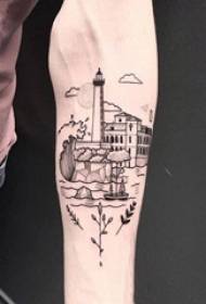 Schoolboy Arms on Black Dot Geometric Lines Building Lighthouse Tattoo Picture