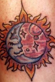 Leg color sun and moon tattoo pattern