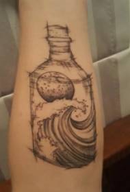 Schoolgirl arm on black gray point thorn sketch geometric line bottle and wave tattoo picture