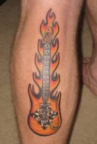 Personalized combination tattoo pattern of guitar and flame on calf