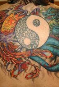 Nugaros spalvos drakonas ir feniksas Yin Yang tatuiruotės modelis