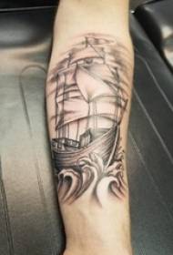 Boys Arms on Black Gray Sketch Sting Tips Creative Sailboat Exquisite Tattoo Picture