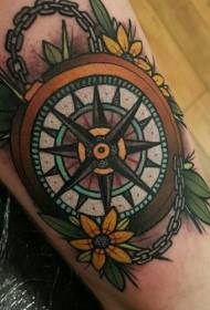 Рука кольоровий компас із залізним ланцюжком та квітковим малюнком татуювання