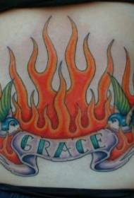 Waist colored flame and sparrow tattoo pattern