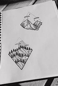 Pieni tuoreviivainen geometrinen vuoristomaisema tatuointikuvio käsikirjoitus