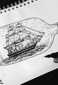 Sailing tattoo pattern in manuscript line bottle