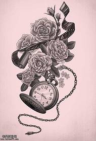 Manuscript rose alarm clock tattoo pattern