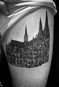 Architectural tattoo pattern on the thigh