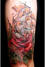 Arm color boat with rose tattoo pattern