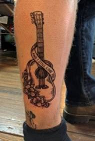 Boys calf on black line literary delicate guitar tattoo picture