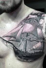 Vīriešu pleca melni pelēka buru laiva ar zibens tetovējuma modeli