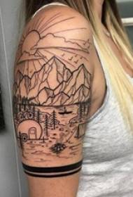 Lány karja a fekete szürke vázlat kreatív irodalmi gyönyörű táj tetoválás képet