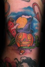 Leg color pumpkin and coffin tattoo pattern