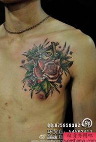 Popular all-eye eye and rose tattoo pattern on male chest