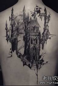 Back European and American castle line splash ink tattoo pattern