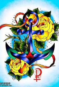 Rankraščio spalvos rožių inkaro tatuiruotės modelis
