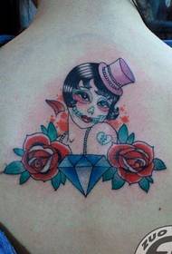Girl back European and American rose diamond tattoo pattern