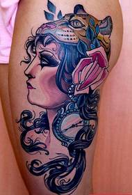 Recommend a school style female tattoo on the thigh