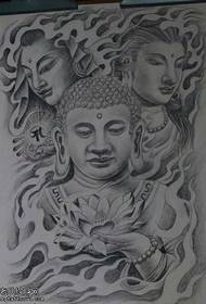 manuskrip swartwit Boeddha wat lotus-tatoeëringspatroon hou
