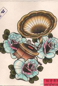 a European-style rose and gramophone tattoo pattern