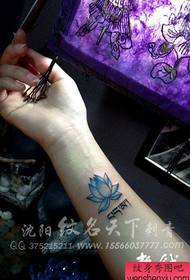 女孩手臂小而流行的彩色蓮花紋身圖案
