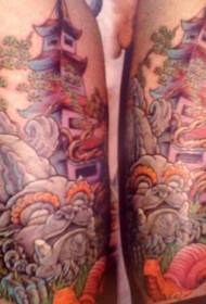 shoulder color Japanese tower and sacred animal tattoo picture