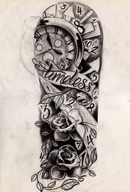 image de tatouage horloge fleur noir et blanc antique