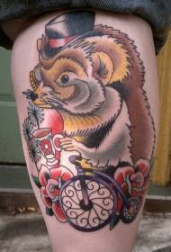 old school hedgehog wearing hat riding bicycle tattoo pattern