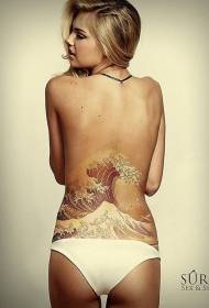महिला कंबर वास्तववादी रंग भव्य समुद्र लाट टॅटू नमुना