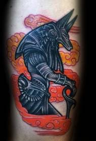 color cartoon Egyptian god Anubis and cloud tattoo pattern