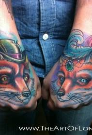 hand-looking color fox couple tattoo pattern
