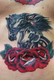 abdominal color three horses and rose tattoo pattern