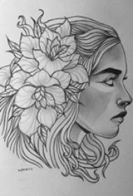 black gray sketch creative beautiful flowers exquisite girls portrait tattoo manuscript