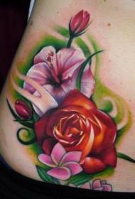 waist colorful hibiscus and rose tattoo