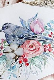 Manuscript Painted Fresh Bird Flower Tattoo Pattern