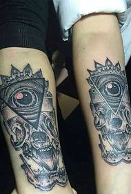 geometric eyeball and skull combined arm couple tattoo