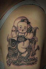 Chinese traditional wind boy holding fish arm tattoo