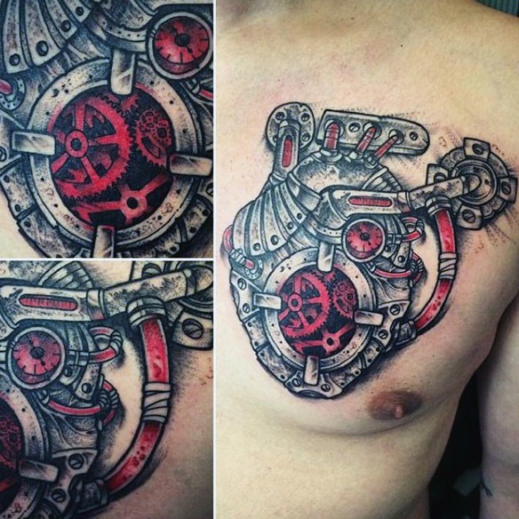 Grey Biomechanical Tattoo On Chest - Tattoos Designs