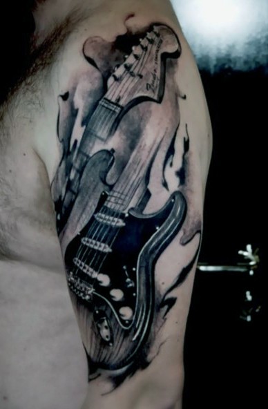 Modèle de tatouage de guitare gris noir et européen à gros bras